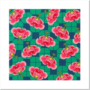 Chinese Vintage Pink and Red Flowers with Green and Blue Tile - Hong Kong Traditional Floral Pattern Posters and Art